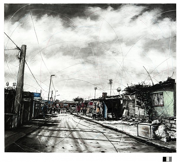 PHILLEMON HLUNGWANI, SELBORN STREET AND 11TH AVENUE, ALEX I (VERSION 1)
CHARCOAL AND PASTEL ON PAPER