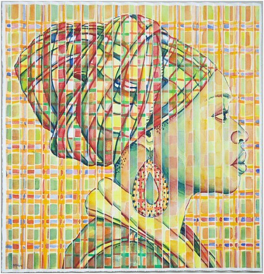 GARY STEPHENS, PLAID LETICIA WITH MASAI EARRING
2019, WATERCOLOUR ON FOLDED PAPER