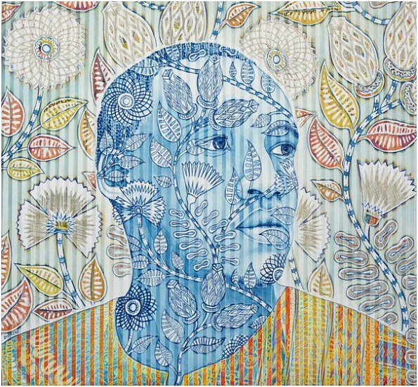 GARY STEPHENS, BLUE PAUL WITH SEED POD FABRIC PATTERN
2020, NEWSPRINT COLLAGE AND CHALK PASTEL ON FOLDED PAPER