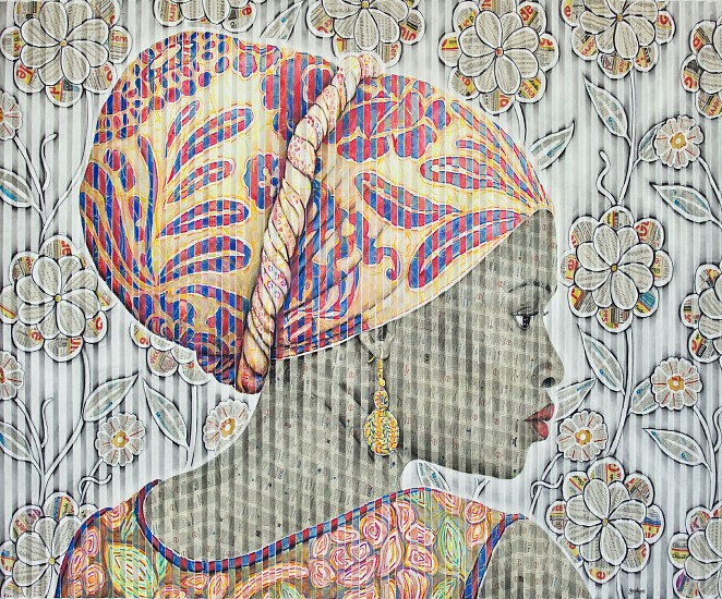 GARY STEPHENS, MPUMI WITH FLORAL SCARF AND RAFFIA SPIRAL EARRING
2020, CHALK PASTEL, CHARCOAL, AND NEWSPRINT COLLAGE ON FOLDED PAPER