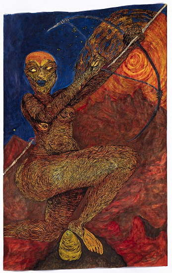 LADY  SKOLLIE, BACKSTAB, THEN THE FRONT STAB
2021, INK, CRAYON AND GOLD LEAF ON PAPER