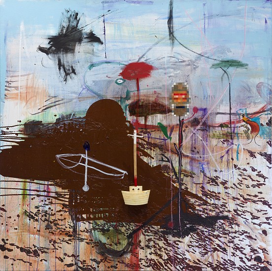 WAYNE BARKER, MASKED HOPE
OIL AND ENAMEL ON LINEN WITH PLASTIC BOAT AND WOODEN SPOON