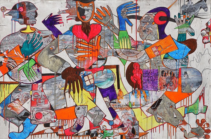 BLESSING NGOBENI, MASK AND STRUGGLE
2016, MIXED MEDIA ON CANVAS