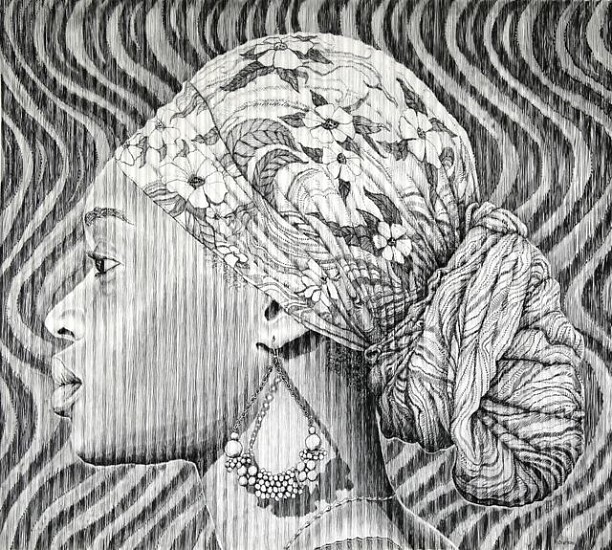 GARY STEPHENS, LETICIA , FLORAL SCARF PROFILE
2014, CHARCOAL ON FOLDED PAPER WITH STRING