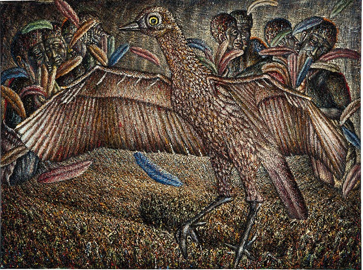 MMAKGABO MAPULA HELEN SEBIDI, THE SPIRIT BIRD FLEEING THE MODERN WORLD
(2014-2016), OIL  ON CANVAS