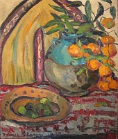 Irma Stern STILL LIFE WITH COPPER GREEN VASE ORIENTAL CARPET AND FRUIT