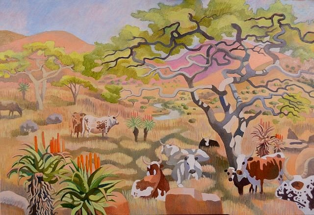 NICHOLA ALICE LEIGH, NGUNI CATTLE IN A BUSHVELD WITH RIVER NO 9- CAT 594
OIL ON CANVAS