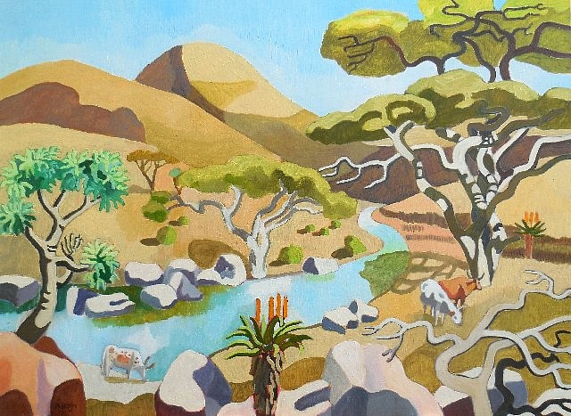 NICHOLA ALICE LEIGH, CABBAGE TREE,RIVER&NGUNIS (CAT607)
OIL  ON CANVAS