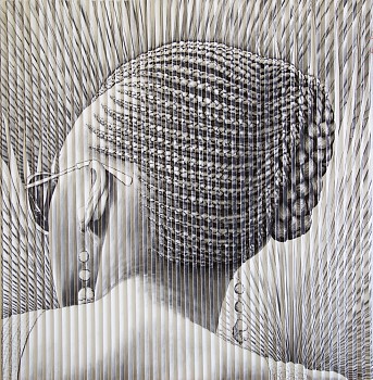 Braids with Fan palm and Drop Earrings, 169 x 169 charcoal on folded paper with string