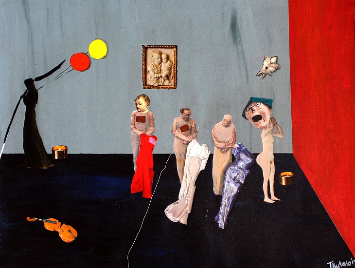 TERESA KUTALA FIRMINO, MUSEUM OF THE DEAD PLAYING DRESS UP
ACRYLIC AND COLLAGE ON CANVAS