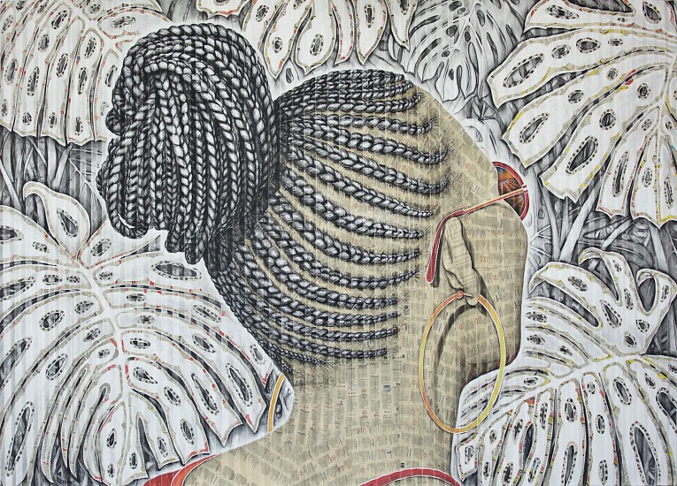 GARY STEPHENS, BRAIDS, HOOP EARRINGS, AND MONSTERA DELICIOSA LEAVES
2020, CHARCOAL AND NEWSPRINT COLLAGE ON FOLDED PAPER
