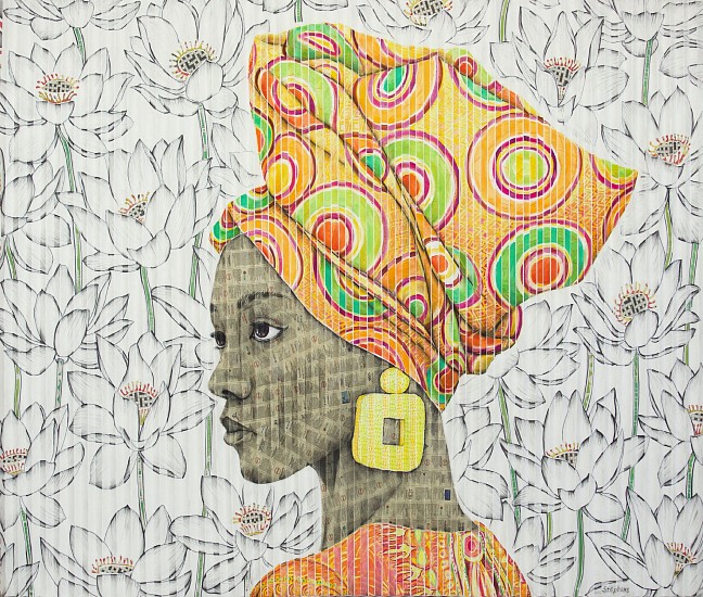 GARY STEPHENS, BUYANE WITH YELLOW BEAD EARRING
2020, NEWSPRINT COLLAGE AND CHALK PASTEL ON FOLDED PAPER