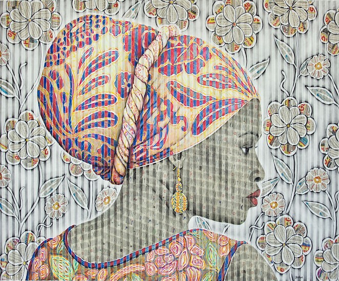 GARY STEPHENS, MPUMI WITH FLORAL SCARF AND RAFFIA SPIRAL EARRING
2020, CHALK PASTEL, CHARCOAL, AND NEWSPRINT COLLAGE ON FOLDED PAPER
