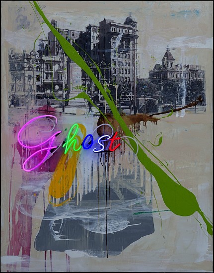 WAYNE BARKER, GHOST
2020, NEON AND OIL PAINT ON DIGITALLY PRINTED CANVAS