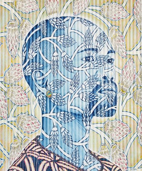 GARY STEPHENS, HOMAGE TO GAY PRIDE: BONGANI NJALO WITH PROTEA FLOWER FABRIC PATTERN
2020, CHALK PASTEL AND NEWSPRINT COLLAGE ON FOLDED PAPER