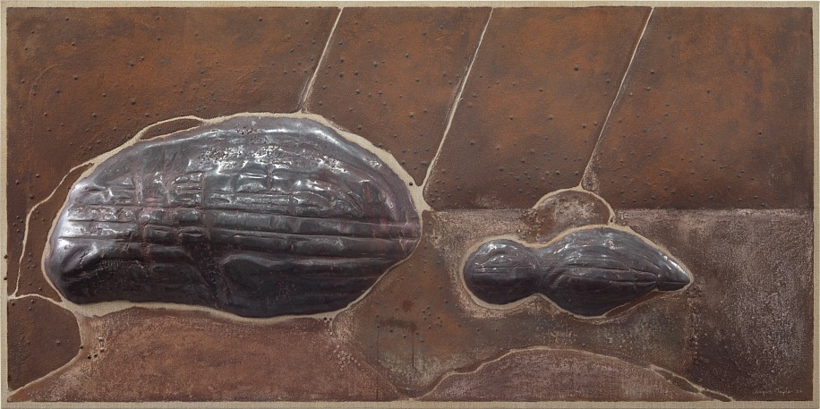 ANGUS TAYLOR, KORANNABERG LANDSCAPE, HEMATITE 27°07'56"S 22°28'30"E
RELIEF CARVED HEMATITE ON BELGIAN LINEN WITH PAINT MADE FROM TSWALU SOIL