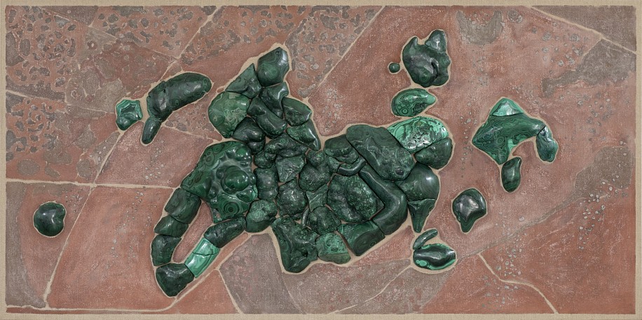 ANGUS TAYLOR, KORANNABERG LANDSCAPE, MALACHITE  27°19'02"S 22°40'50"E
RELIEF CARVED MALACHITE ON BELGIAN LINEN WITH PAINT MADE FROM TSWALU SOIL
