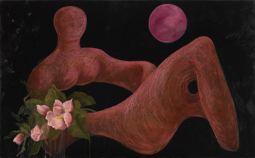 SHANY VAN DEN BERG, PINK MOON RISING ABOVE RECUMBENT NUDE ... AFTER 'HENRI MOORE’<br />
OIL ON BOARD