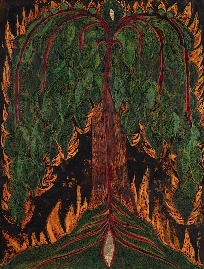 LADY  SKOLLIE, TREE OF LIFE, AFLAME
CRAYON AND INK ON FABRIANO
