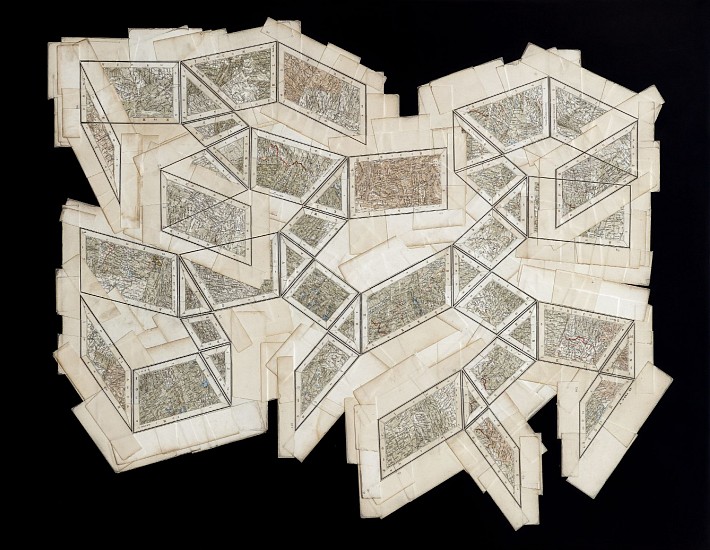 GERHARD MARX, OPEN SPACE
RECONFIGURED MAP FRAGMENTS ON ACRYLIC-POLYURETHANE GROUND AND CANVAS