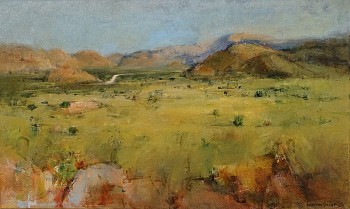 grassy plains with korannaberg mountains tswalu 60cm x 100cm oil on canvas