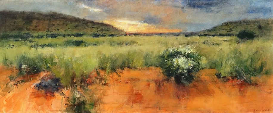 WALTER VOIGT, OLIFANTSHOEK PLAINS THORNVELD WITH SUNSET, TSWALU
OIL  ON CANVAS