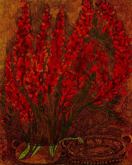 LADY  SKOLLIE, UNTITLED (RED FLOWER STILL LIFE)
CRAYON AND INK ON PAPER
