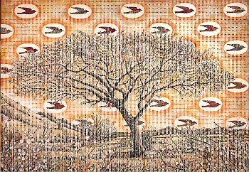 10 Kalahari Sunrise Acacia with Swallow Pattern , 132 x 165 , mixed media on folded paper, 2023