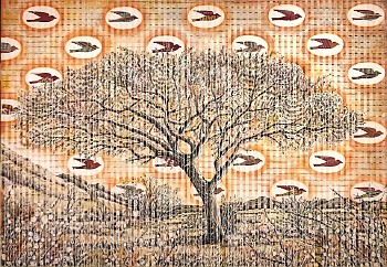 10 kalahari sunrise acacia with swallow pattern 132 x 165 mixed media on folded paper 2023