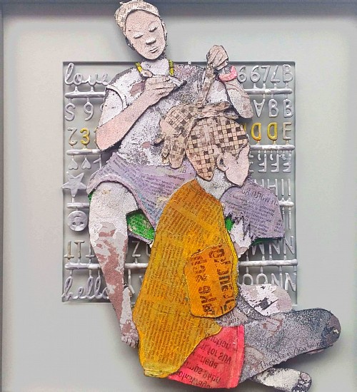 THONTON KABEYA, FASHIONISTA SERIES V
2024, SCULPTED CANVAS, NEWSPAPER INK TRANSFERED & CHALK PAINT