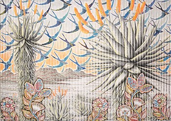 blue swallow twilight 131 x 187cm chalkpastel charcoal and newsprint collage on pleated paper