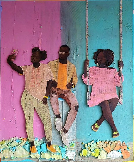 THONTON KABEYA, MOZIKI STREET SERIES XXVI
2022, WALNUT POWDER, CHALK PAINT AND NEWSPAPER INK TRANSFERRED ON SCULPTING CANVAS