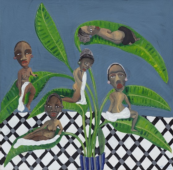 TERESA FIRMINO, GIRLS ON ARROW ROOT<br />
2025, MIXED MEDIA ON CANVAS