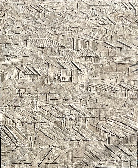 VUSI KHUMALO, INFORMAL SETTLEMENT IN CREAM WHITE<br /><br />
2025, MIXED MEDIA ON BOARD