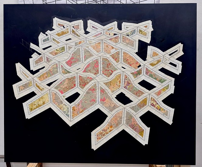 GERHARD MARX, VAST INTERIOR
2024, RECONFIGURED MAP FRAGMENTS ON FRAGMENT ON BOARD