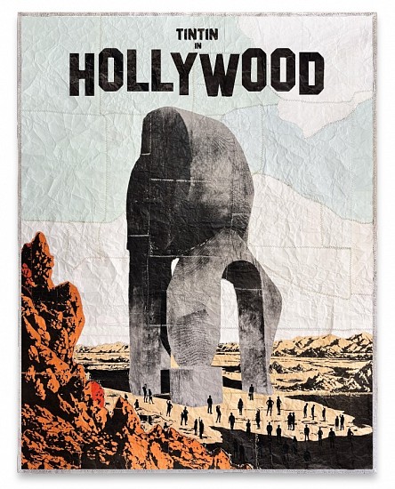 MICHAEL MACGARRY, TINTIN IN HOLLYWOOD
2026, RECLAIMED PACKAGING PAPER, COTTON, ARCHIVAL TAPE, OIL-BASED SCREEN PRINT