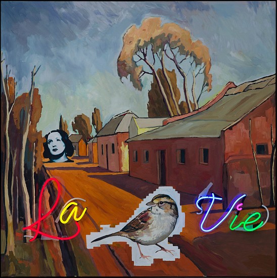 WAYNE BARKER, LA VIE
OIL AND NEON ON DIGITALLY PRINTED CANVAS