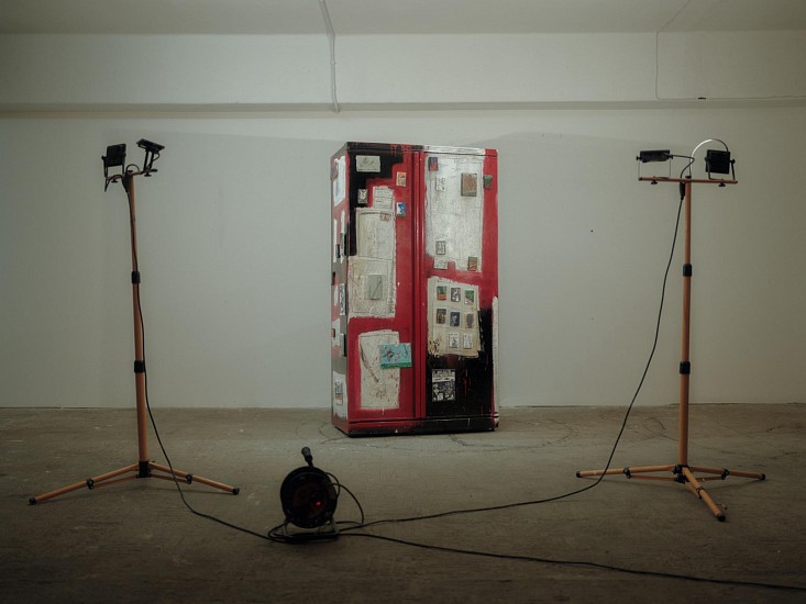 BOYTCHIE, EMPTY HEARTS
2026, BITUMEN, ENAMEL, MAGNETS, PENCIL, PASTEL, MARKER, RESIN, DRYWALL AND WOOD ON DOUBLE DOOR FRIDGE
