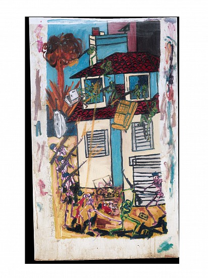 BOYTCHIE, FORCED EVICTIONS
2026, ACRYLIC, OIL AND PENCIL ON CUT DOOR