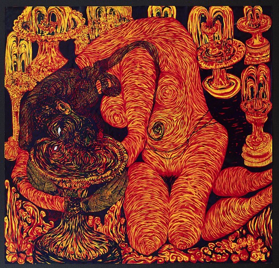 LADY  SKOLLIE, ON MY KNEES (IN A BAD WAY) I: AMONGST 8 FLOWING FOUNTAINS. 9 IF YOU COUNT ME AND YOU SHOULD COUNT ME
2026, INK AND CRAYON ON FABRIANO PAPER