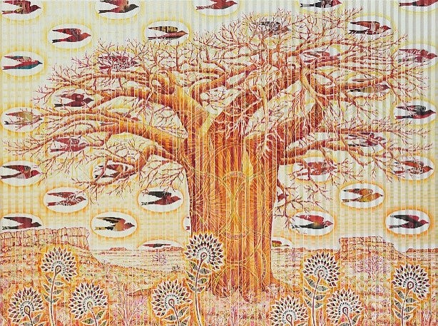 GARY STEPHENS, MAPUNGUBWE MORNING LIGHT BAOBAB, THISTLE AND SWALLOW PATTERNS
2026, CHALK PASTEL AND NEWSPRINT COLLAGE ON PLEATED PAPER